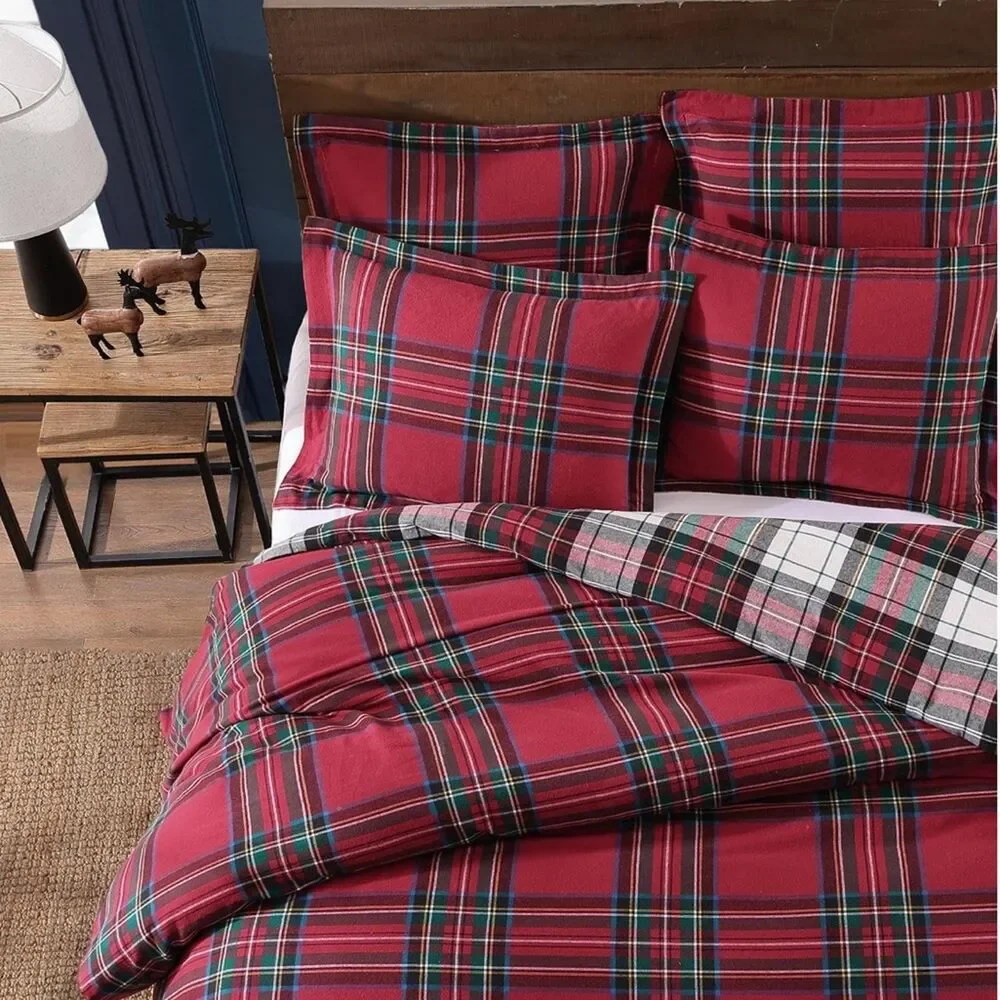 PB Style Queen Duvet Set Plaid Christmas Reversible Red & White 3 Piece NWT